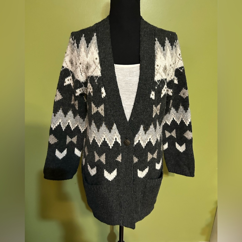 J Jill Women's Gray Fair Isle Cardigan Sweater Wool Blend